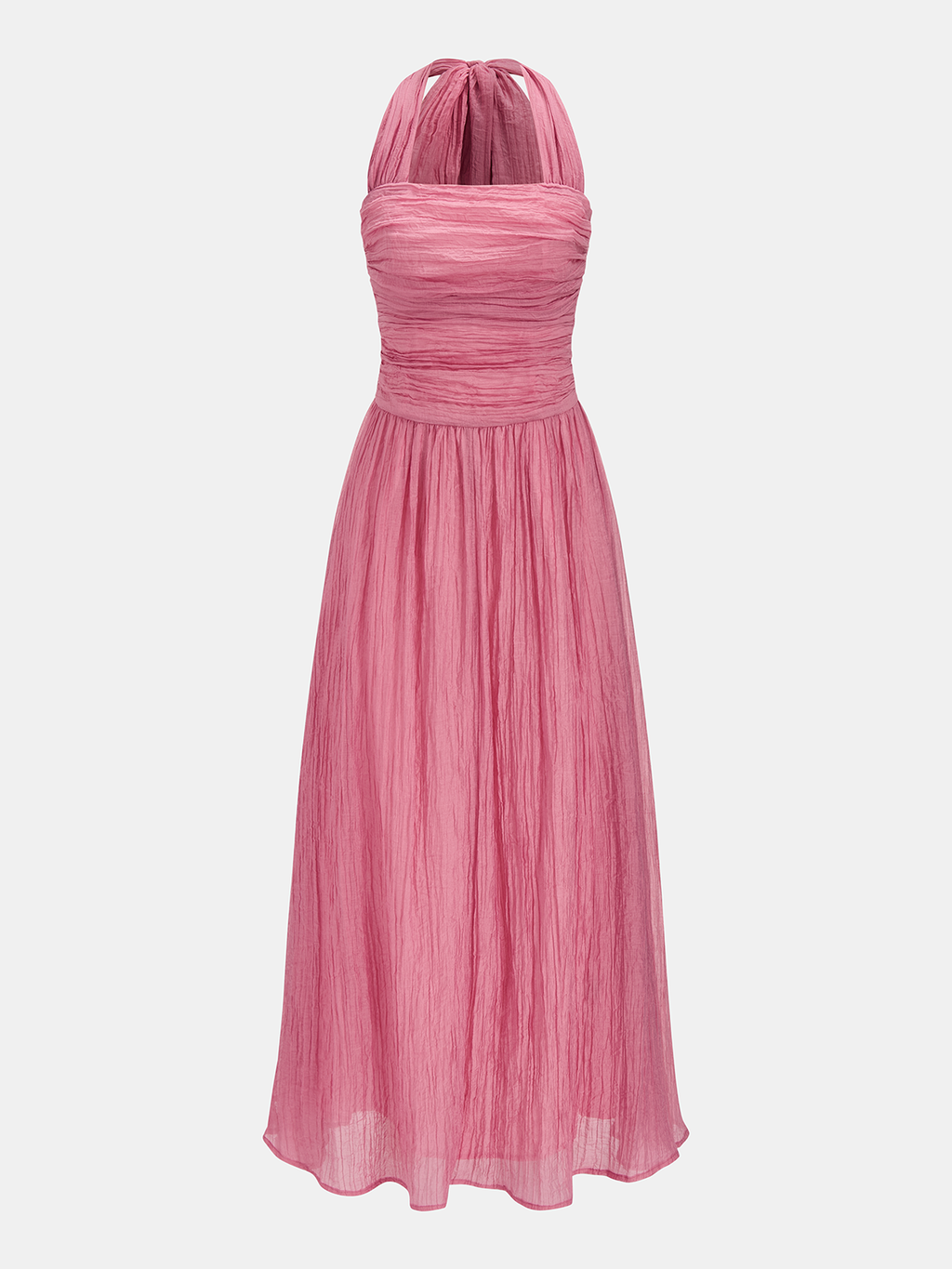 A pink, sleeveless maxi dress with a ruched bodice and softly pleated, crinkled skirt.