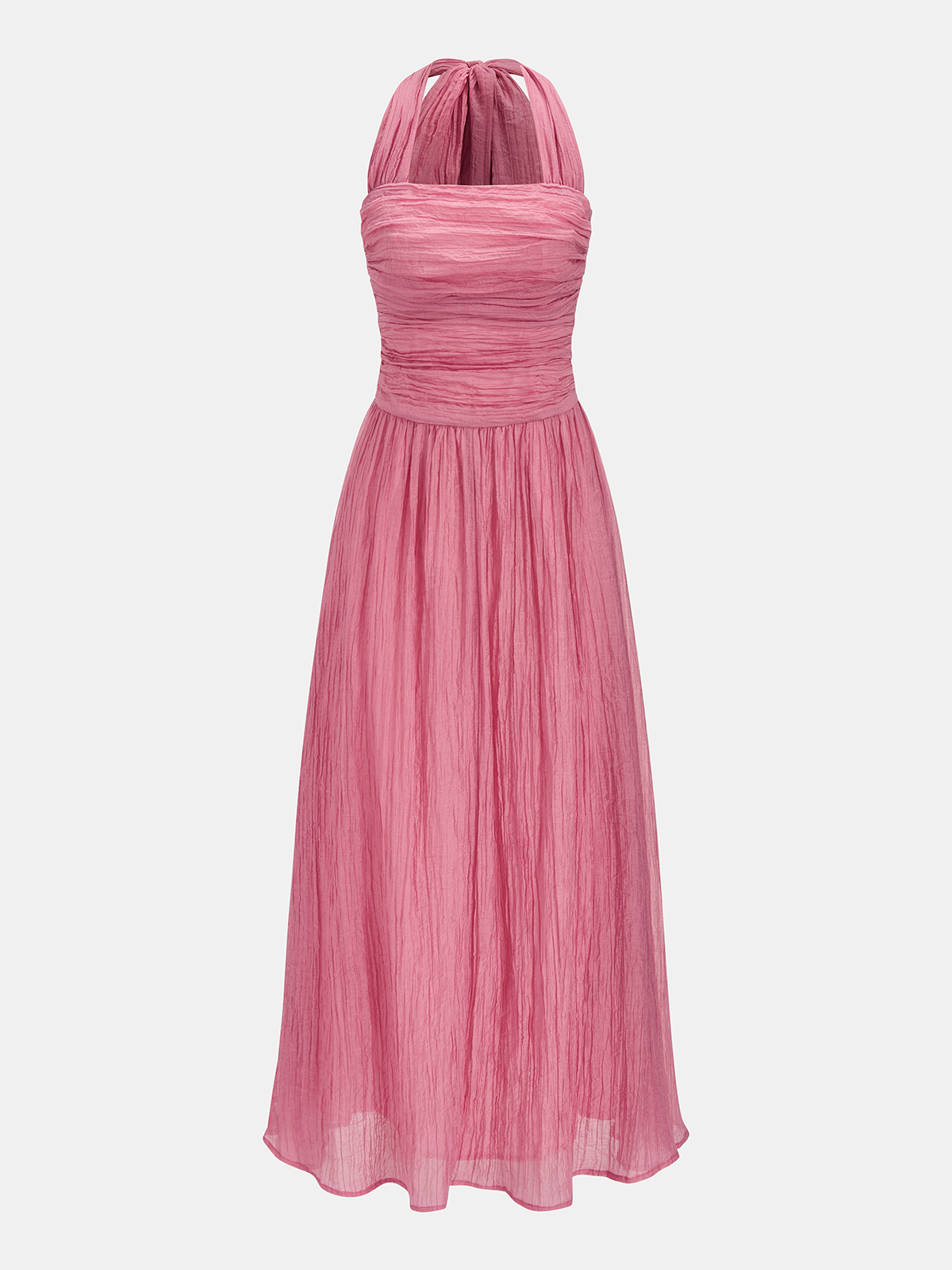 A pink, sleeveless maxi dress with a ruched bodice and softly pleated, crinkled skirt.