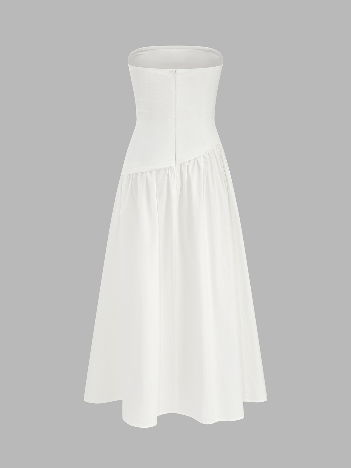 White strapless A-line maxi dress with fitted bodice, flared gathered skirt, concealed zipper.