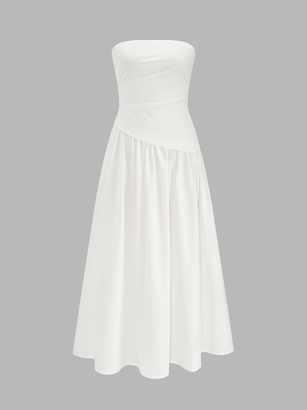 Strapless ruched maxi dress with a flowy silhouette, perfect for formal occasions.