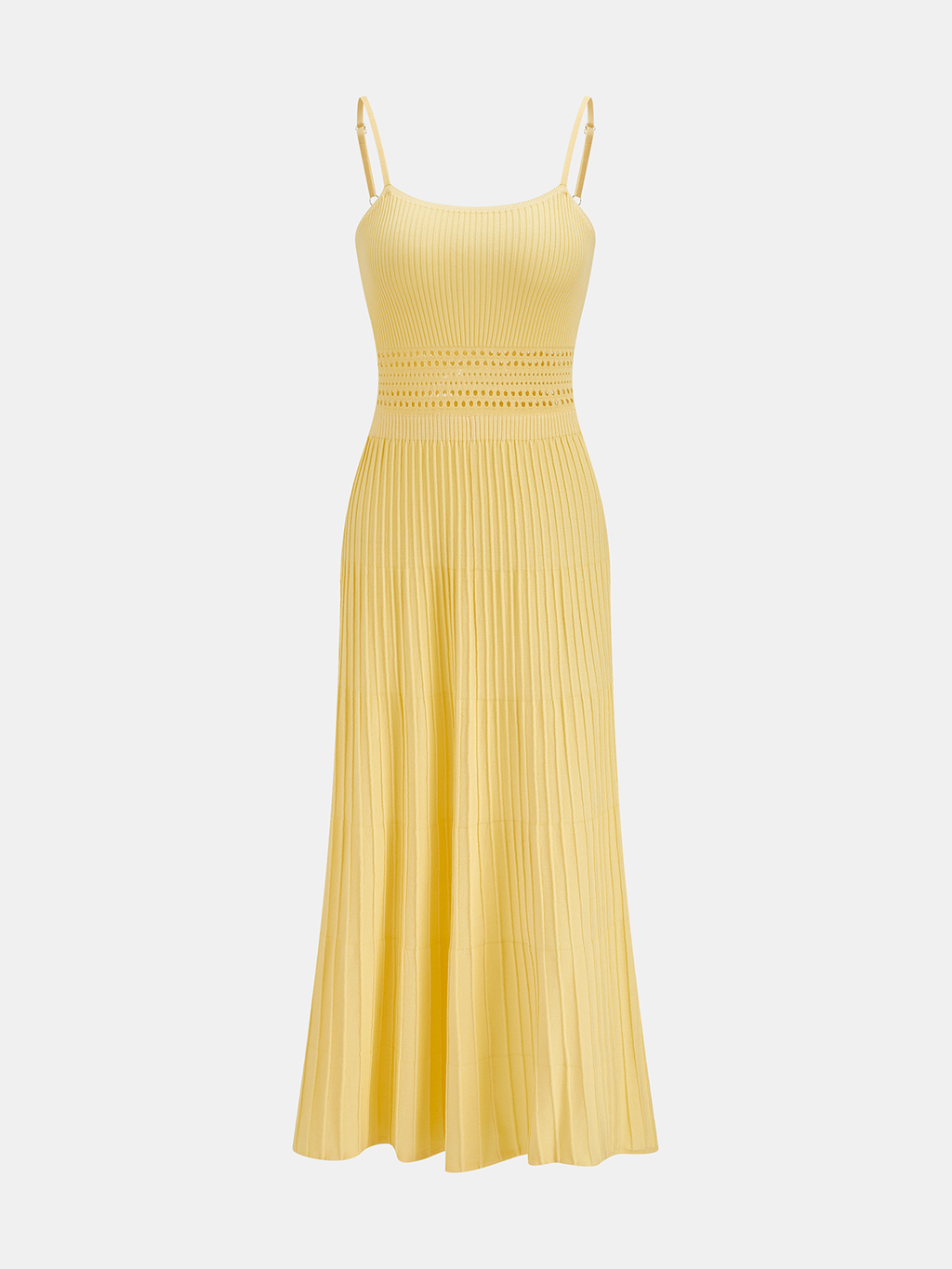 Slim-fit full-length cami dress with thin straps, ribbed bodice, openwork waist, pleated skirt.