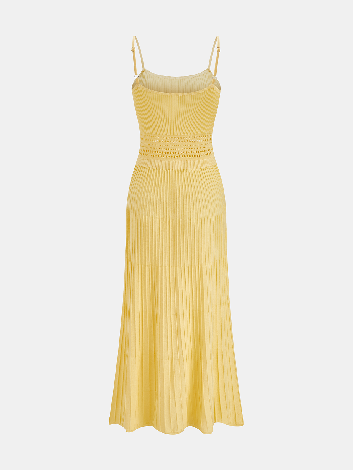 Sleeveless yellow ribbed maxi dress with thin straps, waist cutouts, fitted bodice, flared skirt.