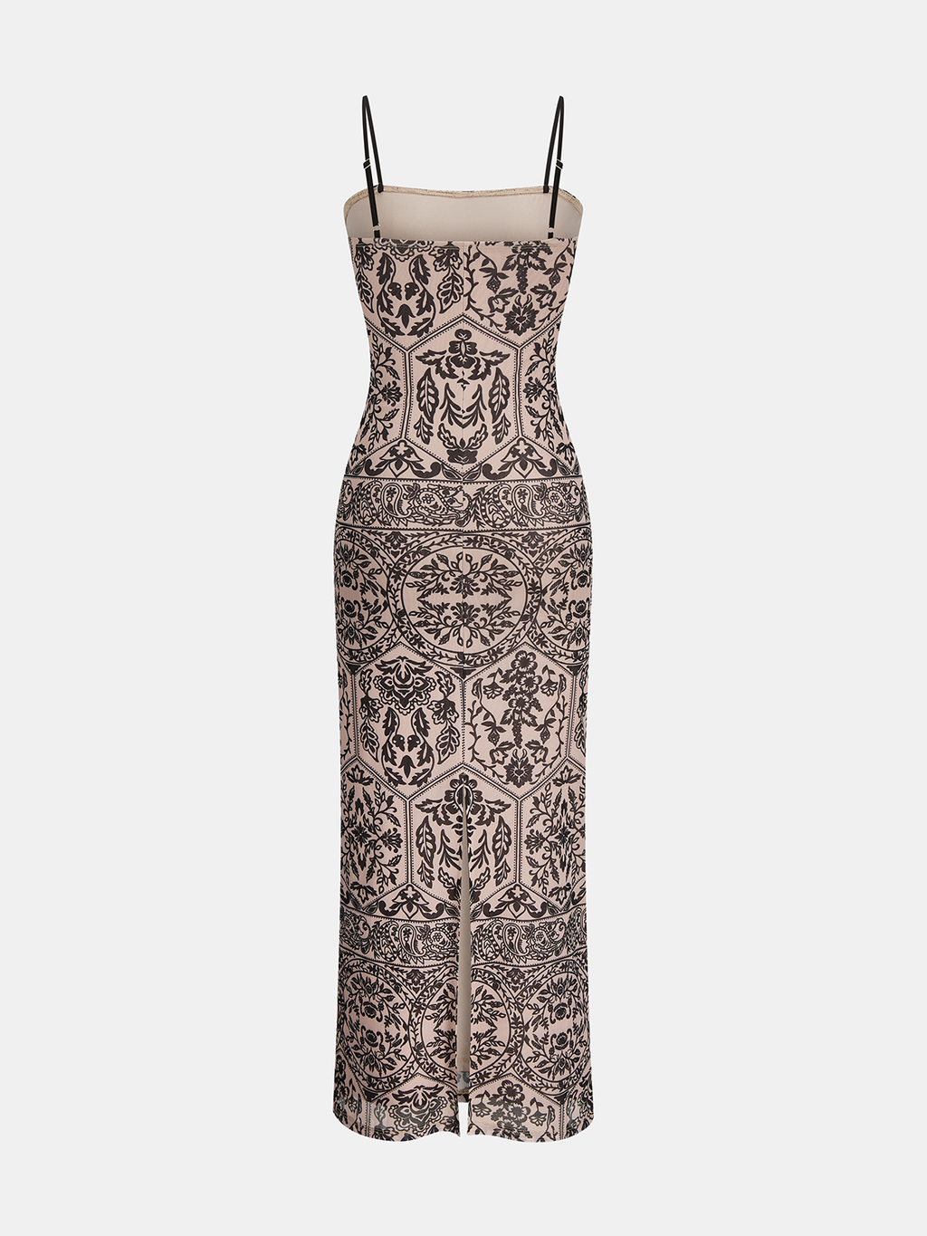Flowy sleeveless maxi dress with camisole top, black straps, beige base, lace patterns, front slit.