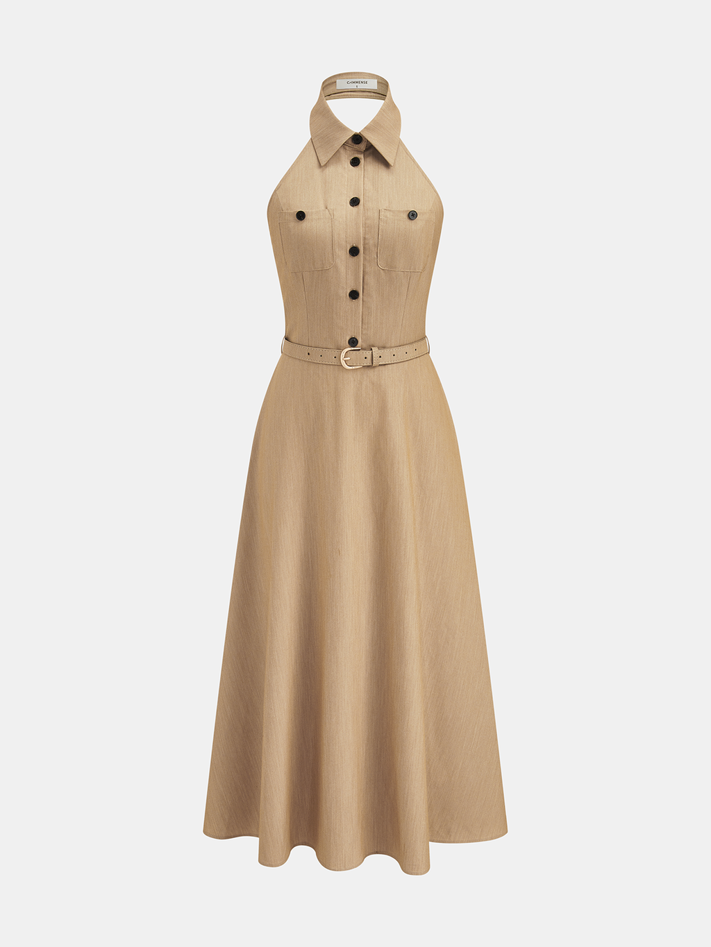 Sleeveless halter maxi dress with front buttons, chest pockets, belted waist, and A-line skirt.