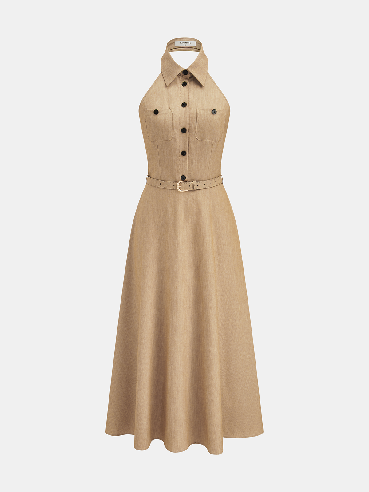 Sleeveless halter maxi dress with front buttons, chest pockets, belted waist, and A-line skirt.