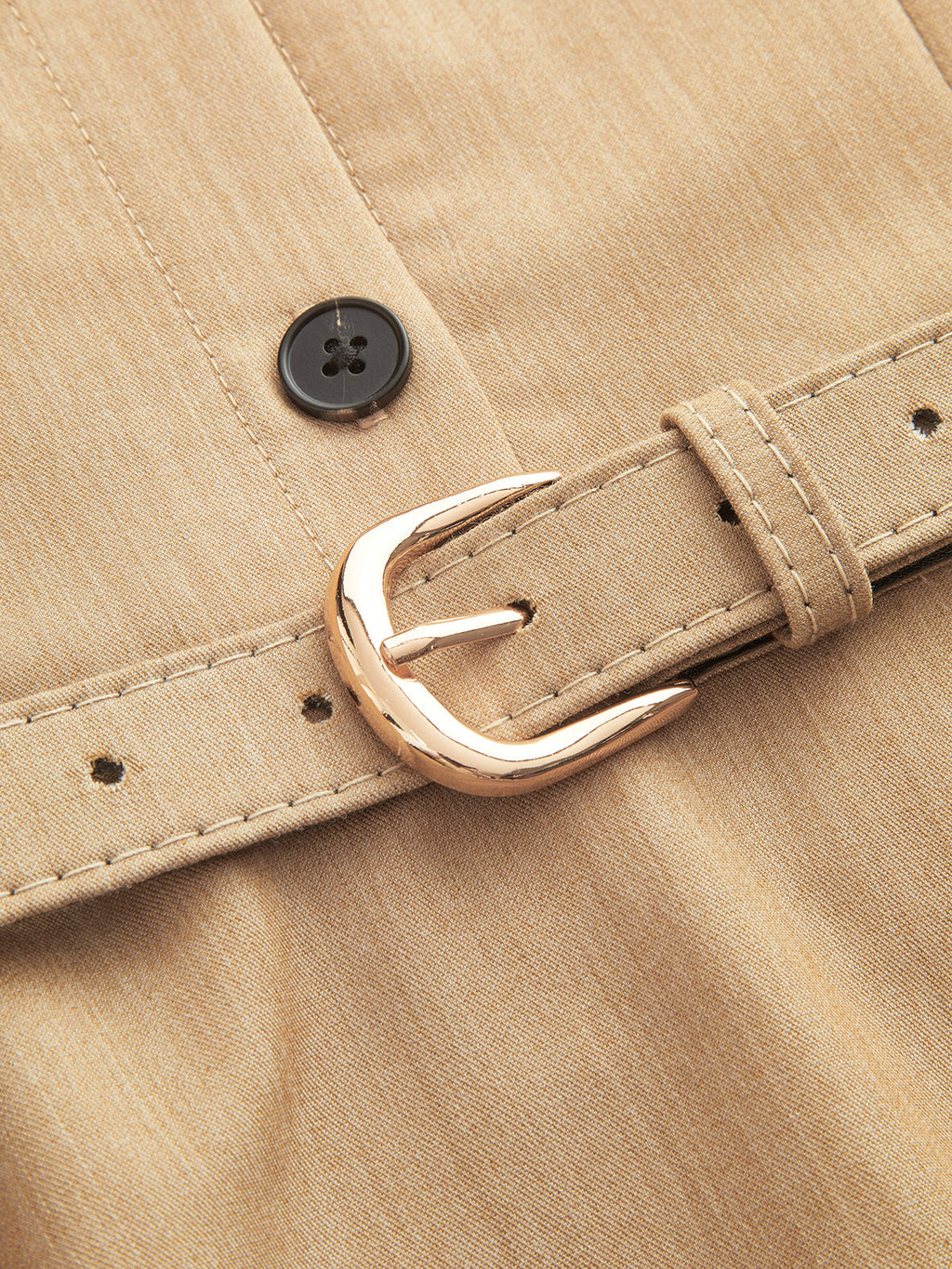 Tan fabric belt with gold buckle on LA FINE FLEUR collared halter maxi dress.