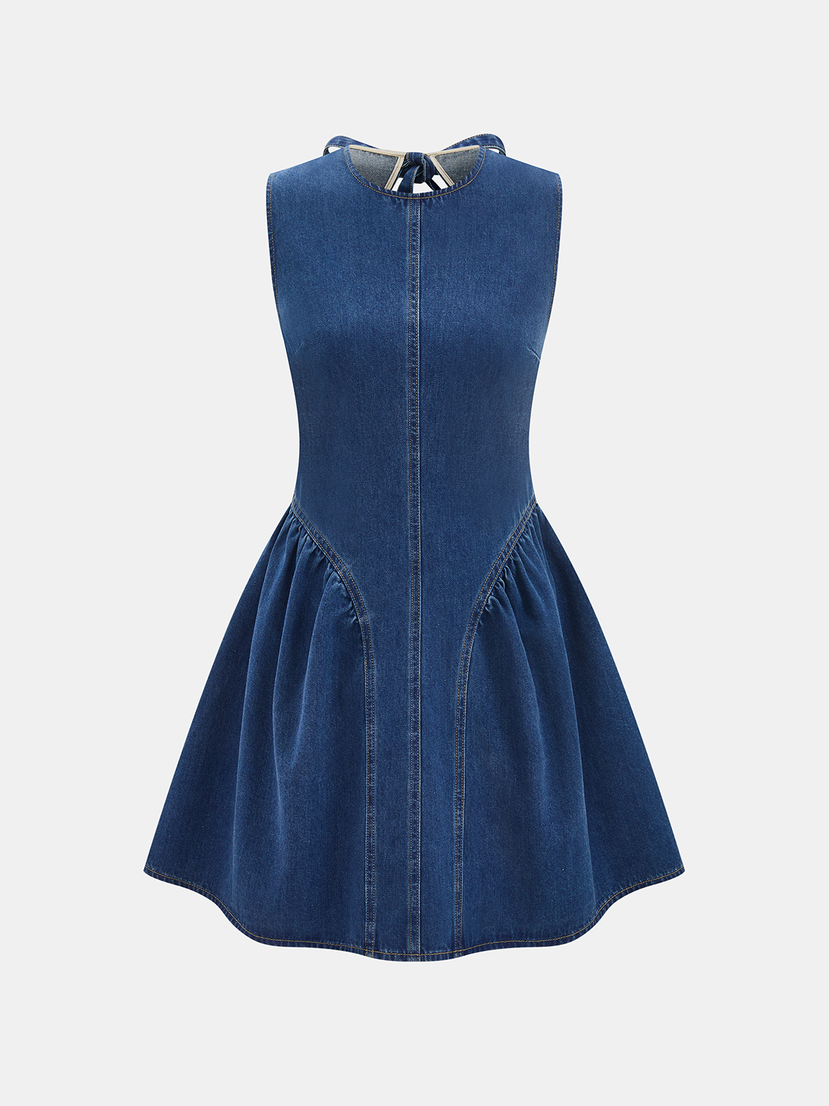 Sleeveless blue denim mini dress with open back, flared skirt, and visible seams.