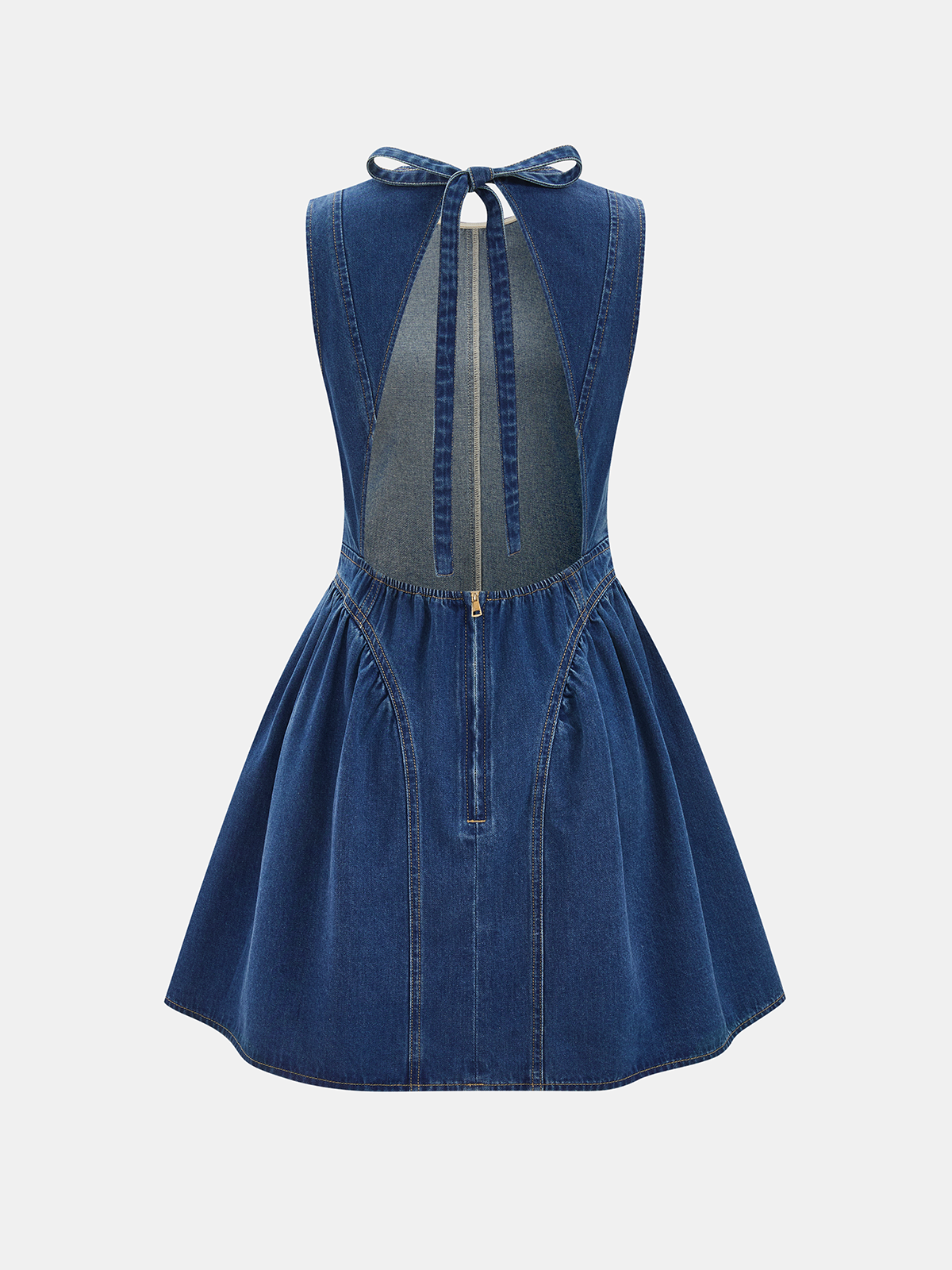 Sleeveless denim mini dress with open back, bow tie neckline, flared skirt, zipper.
