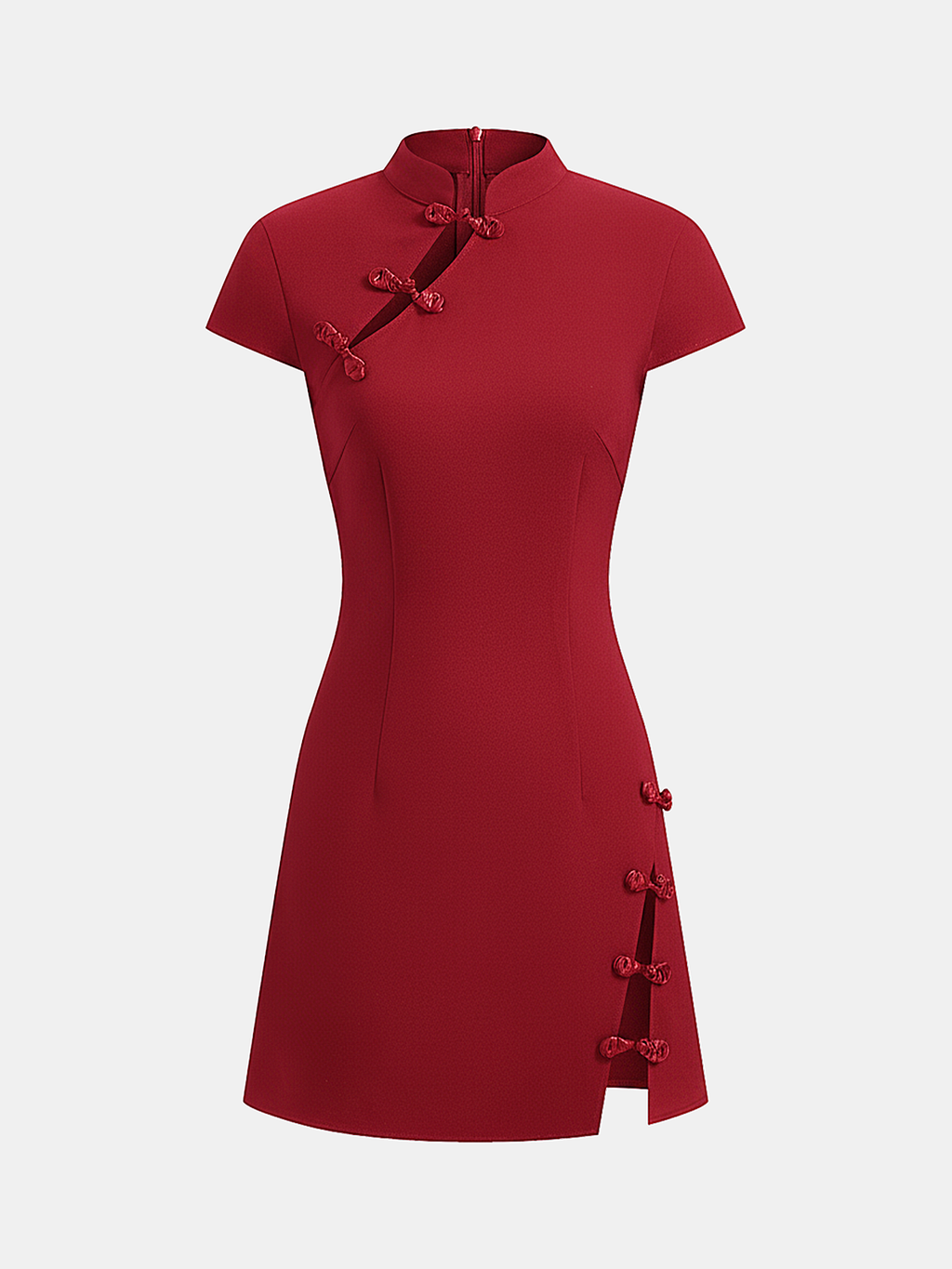 Short-sleeved, knee-length red dress with mandarin collar, frog buttons, and subtle hem slit.
