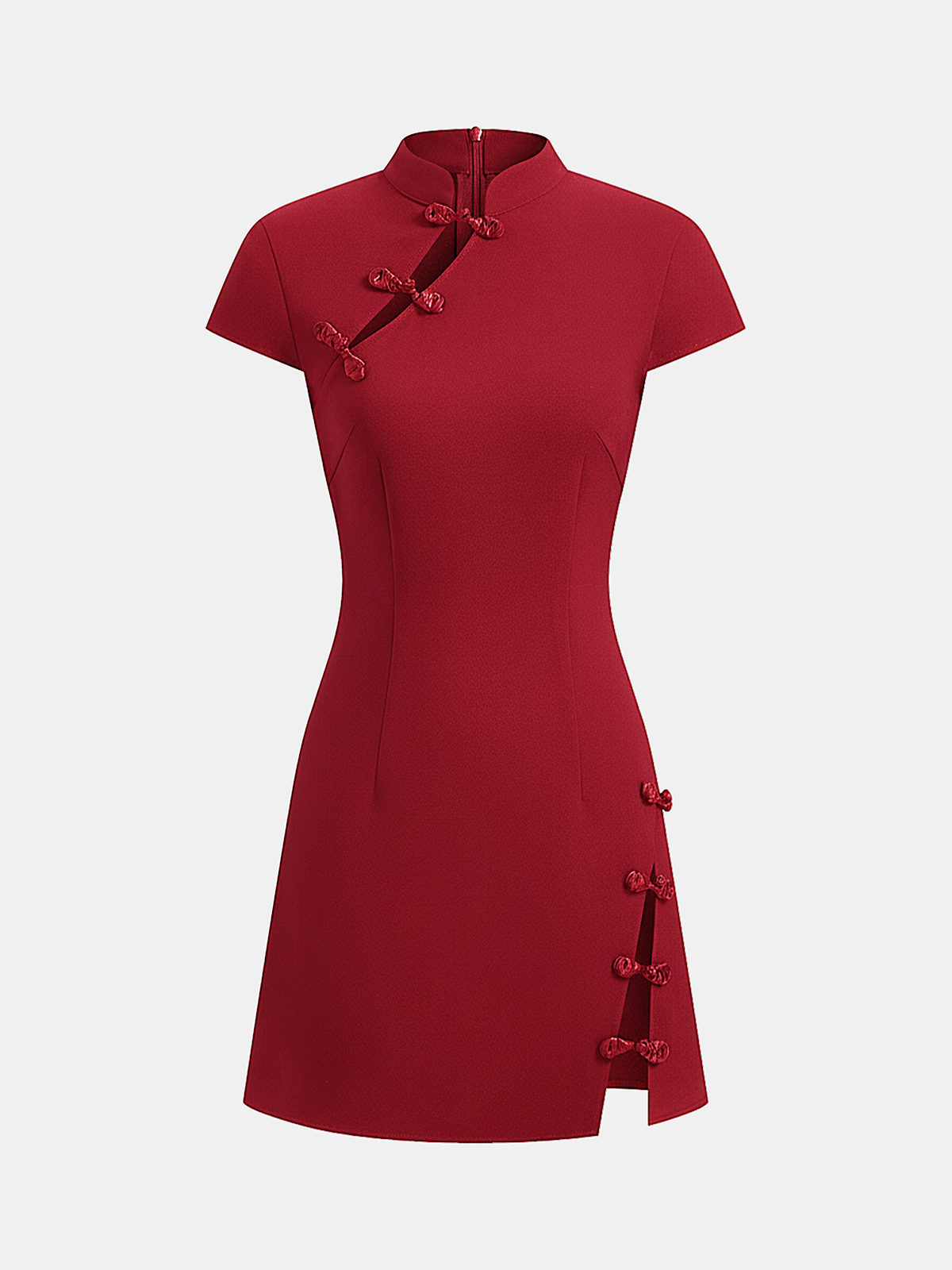 Short-sleeved, knee-length red dress with mandarin collar, frog buttons, and subtle hem slit.
