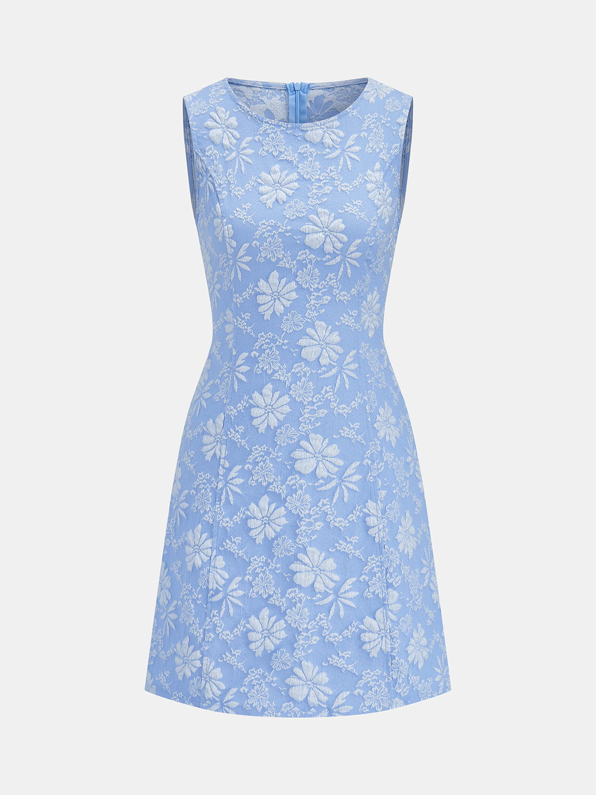 Sleeveless jacquard mini dress with fitted bodice, flared skirt, and white floral design.