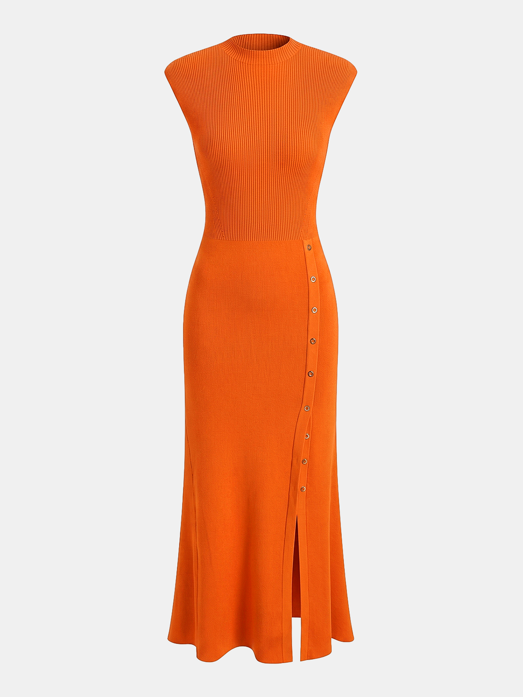 A ribbed knit maxi dress with cap sleeves and button-up front for elegant style.