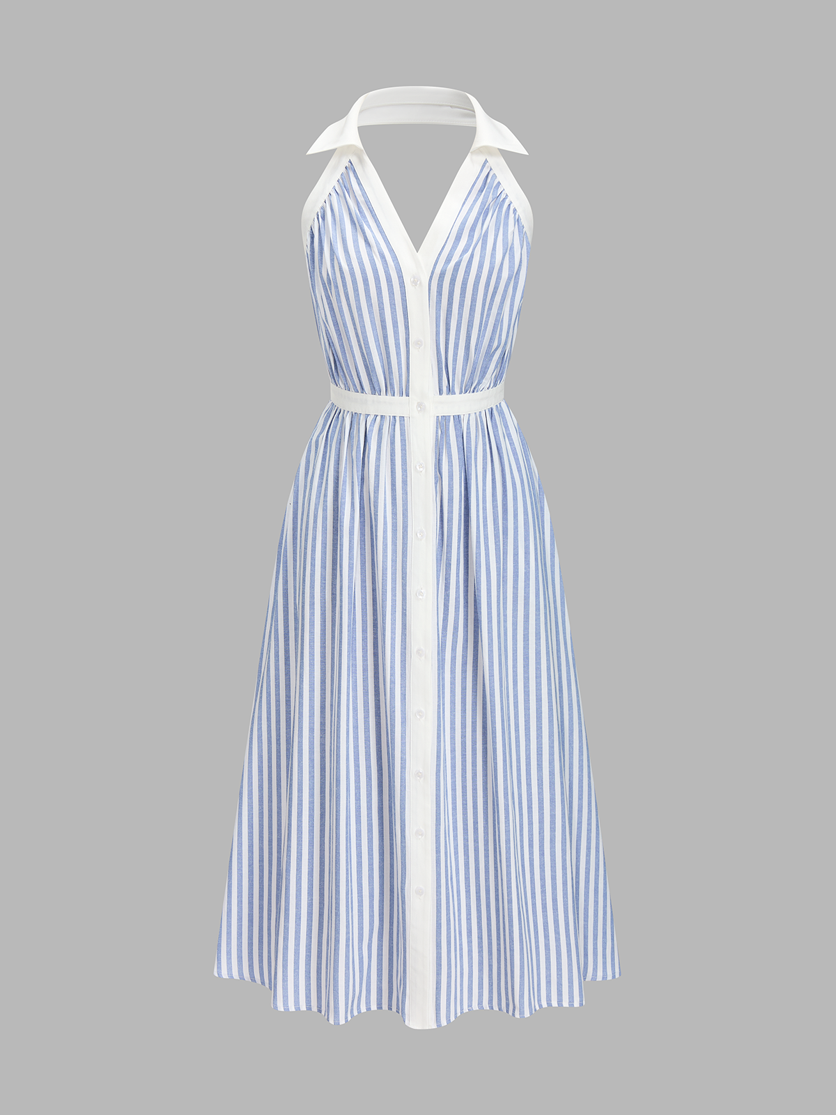 Blue and white striped halter midi dress with white-trimmed collar, fitted waist, button front.