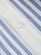 White shirt-style collar dress with blue vertical stripes and buttoned placket detail shown.