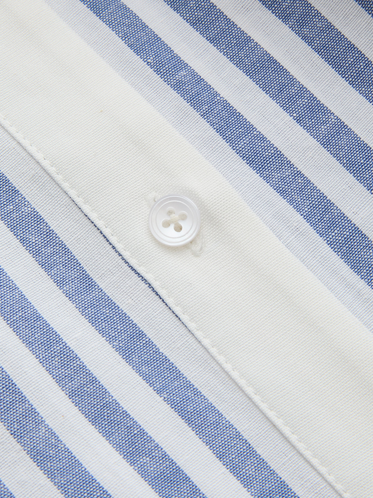 White shirt-style collar dress with blue vertical stripes and buttoned placket detail shown.
