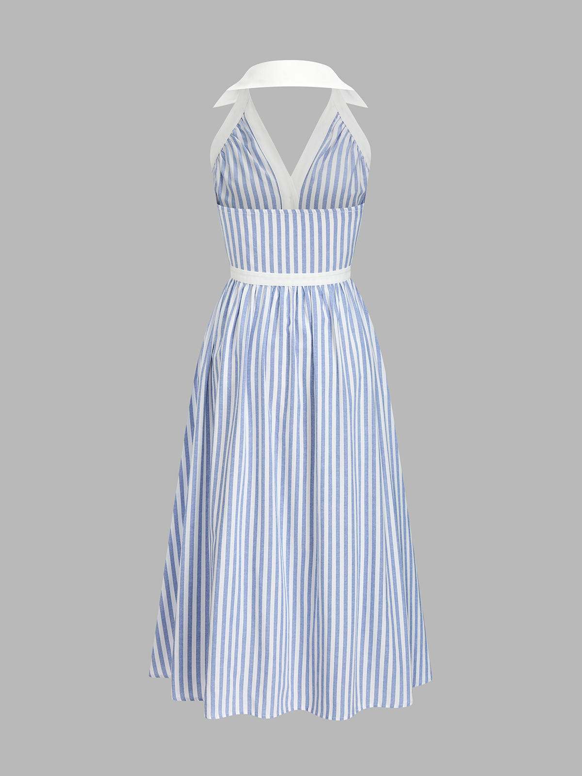 Blue and white striped halter midi dress with deep V-neck, waistband, and flared skirt.