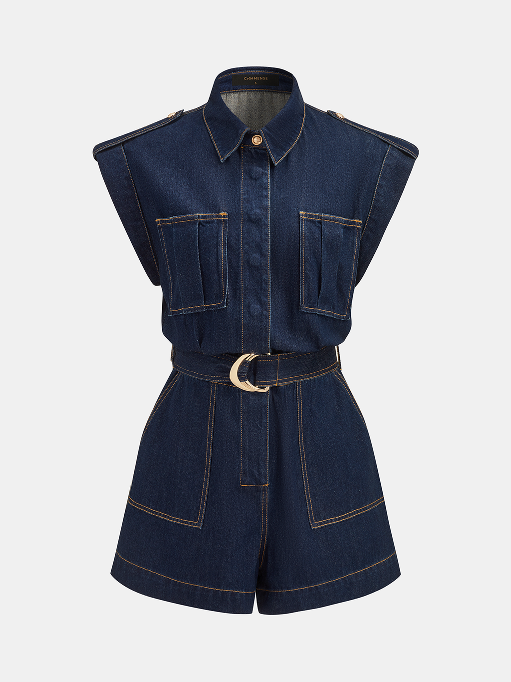 Sleeveless collared denim romper with epaulets, front buttons, chest pockets, and gold-buckled belt.