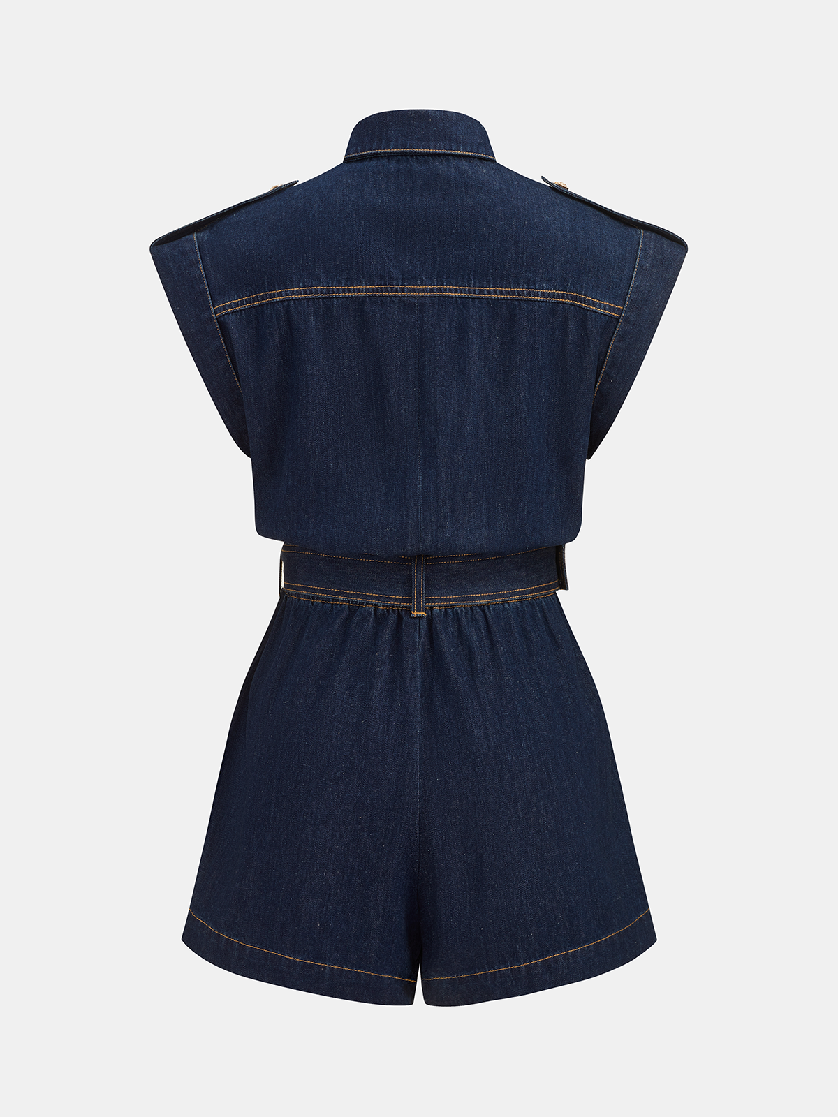 Belted denim romper with epaulets, sleeveless defined shoulders, waist seam, and visible stitching.