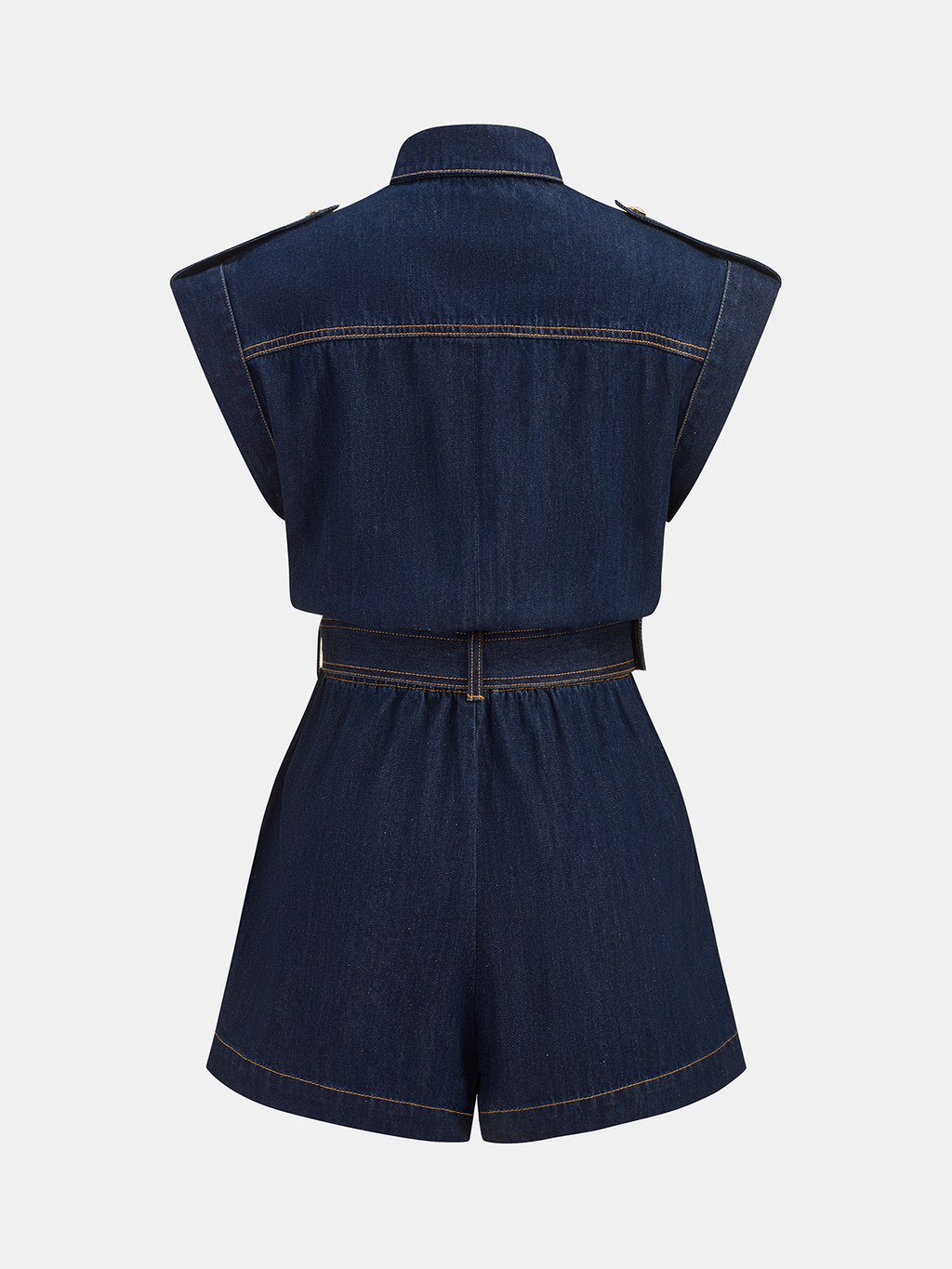 Sleeveless denim romper with a belted waist, shoulder epaulettes, and detailed visible stitching.