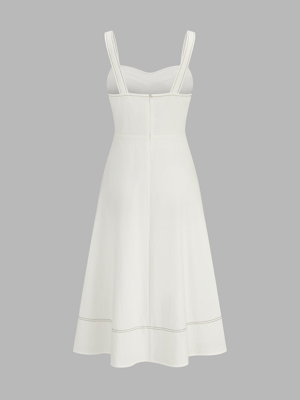 White sleeveless midi dress with contrast stitching, square neckline, fitted bodice, flared skirt.