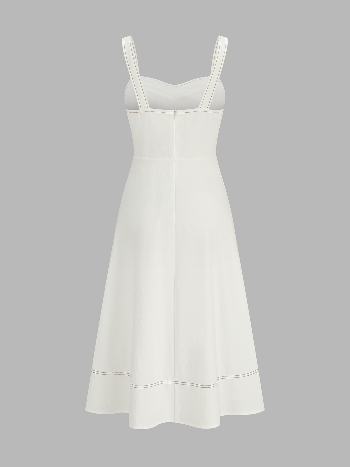 White sleeveless midi dress with contrast stitching, square neckline, fitted bodice, flared skirt.