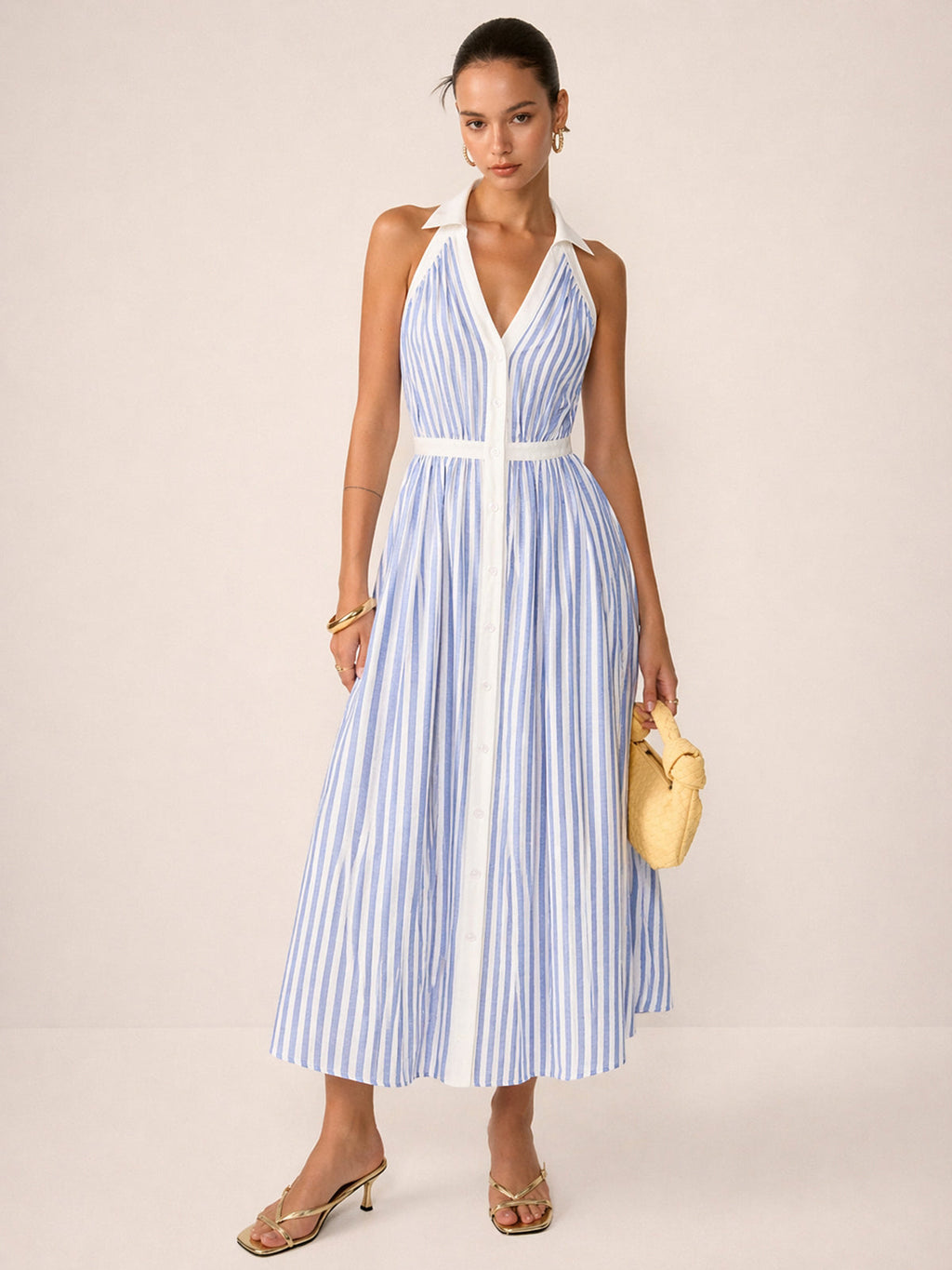 LA FINE FLEUR Striped Halter Midi Dress with blue and white stripes and button-down front.