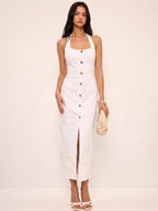 Denim halter dress with button-front maxi design from LA FINE FLEUR.