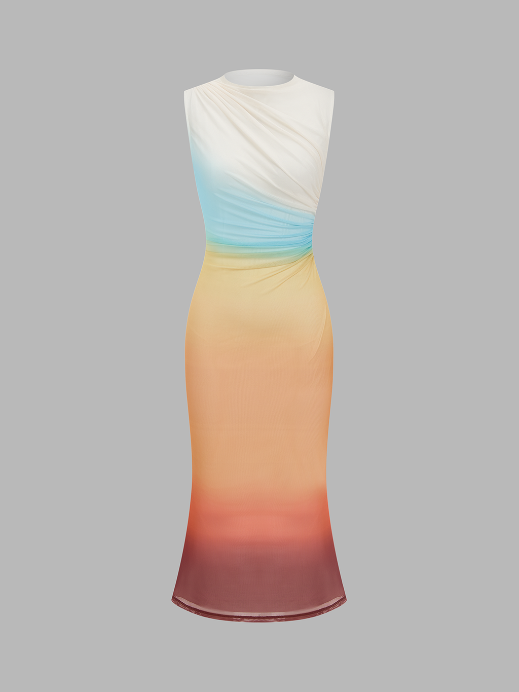 Backless floor-length gown with cowl neckline, ruched waist, and gradient mesh in elegant hues.