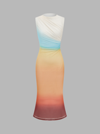 Backless floor-length gown with cowl neckline, ruched waist, and gradient mesh in elegant hues.
