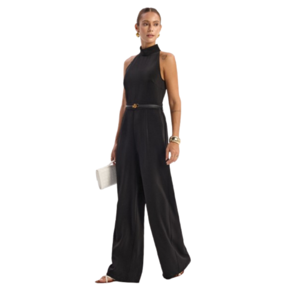 A satin halter neck jumpsuit with a back slit, featuring a black belt detail.