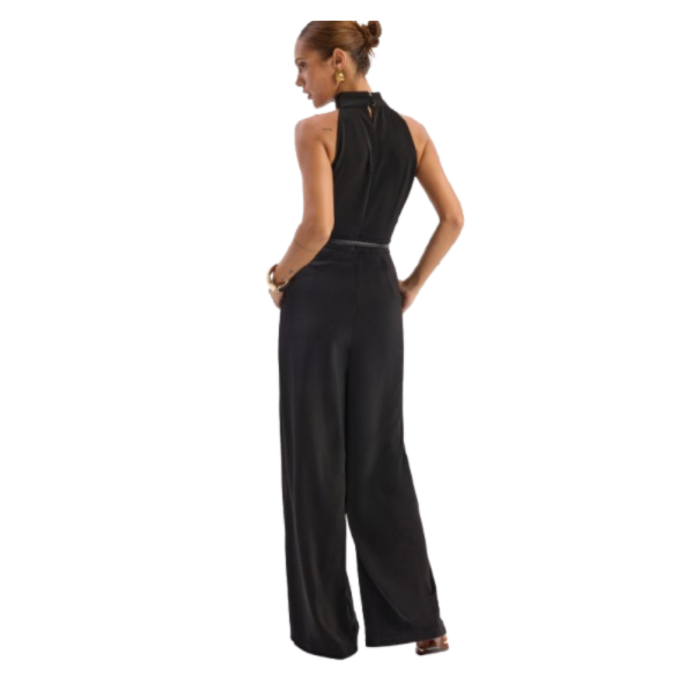 LA FINE FLEUR Satin Halter Neck Jumpsuit featuring a distinctive back slit detail.