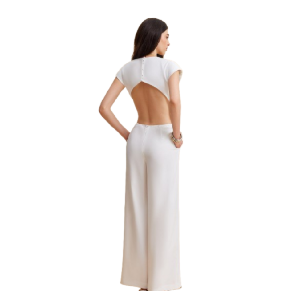 Cap Sleeve Jumpsuit with Buttoned Backless Design