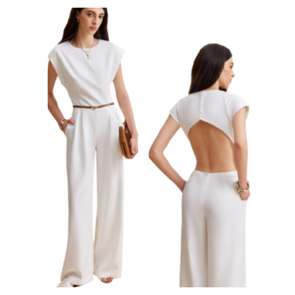 Cap sleeve jumpsuit with wide legs, belted waist, and buttoned dramatic open back.