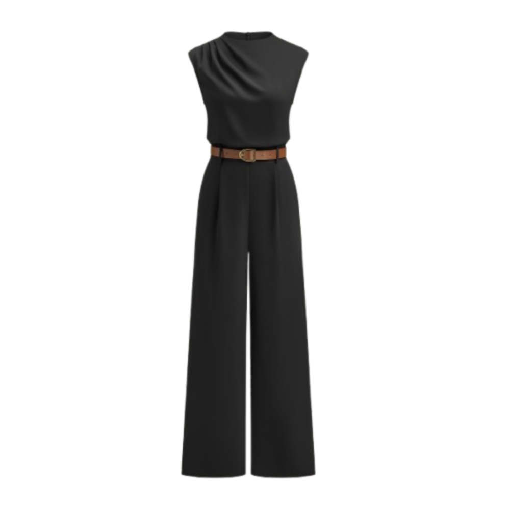 Sleek sleeveless mock neck jumpsuit with wide legs and a brown belt with gold buckle.