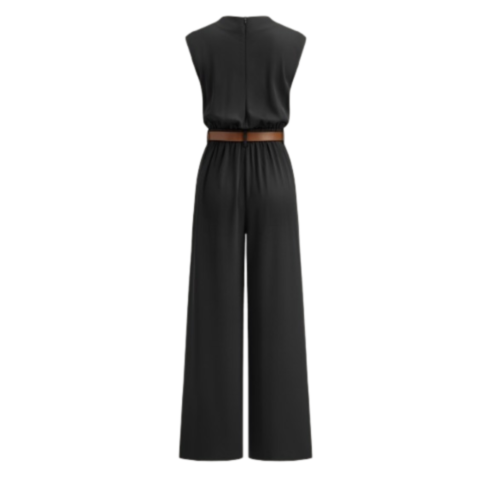 Mock neck jumpsuit with brown belt, wide legs, fitted waist, and upper back zipper.