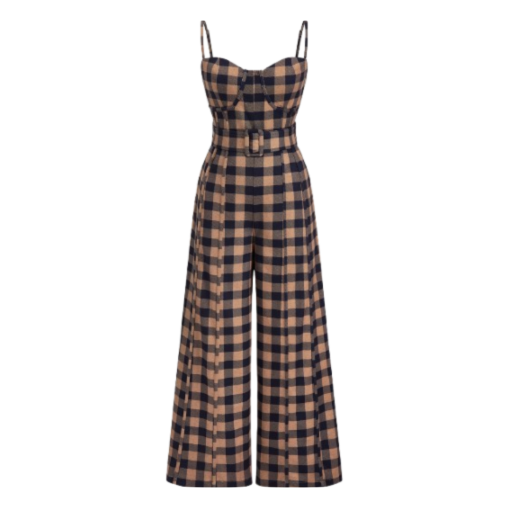 Plaid Wide-Leg Jumpsuit with Belted Cami Top