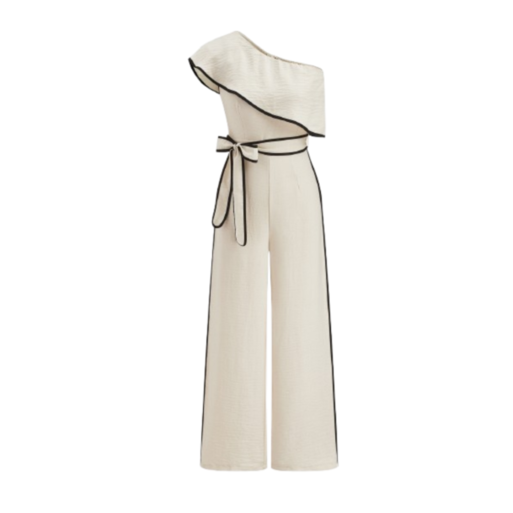 Cream one-shoulder jumpsuit with ruffled neckline, black piping, waist tie, and wide legs.