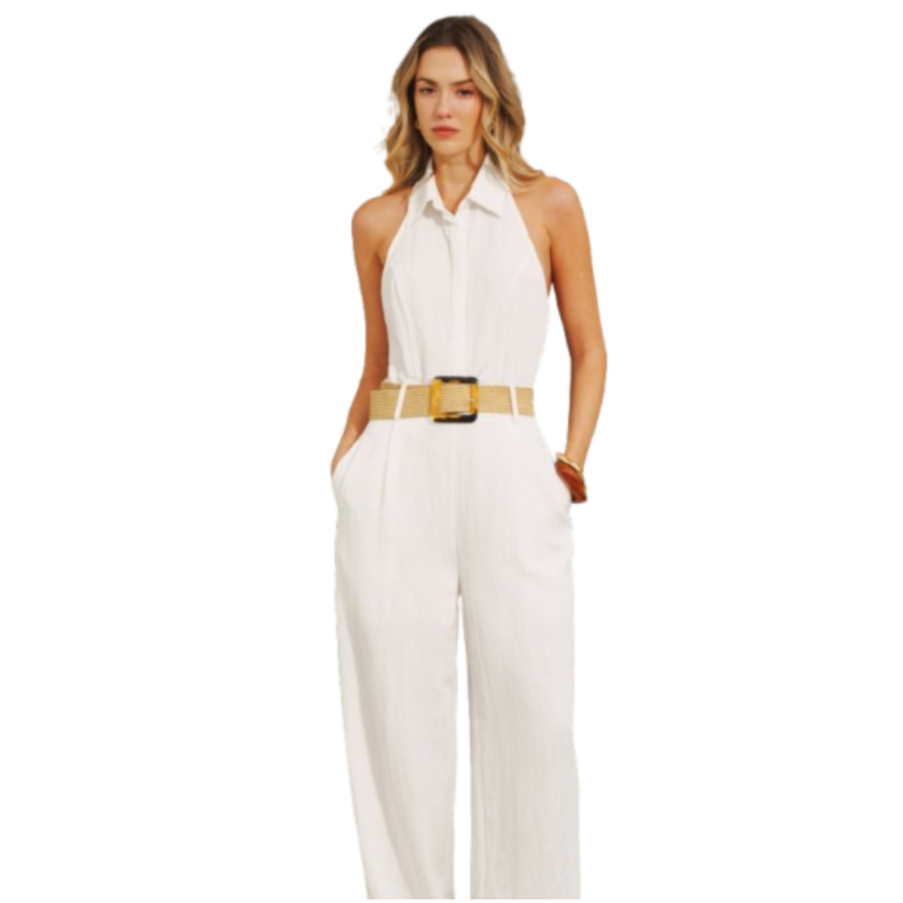 Halter Neck Jumpsuit with Collar and Wide Legs