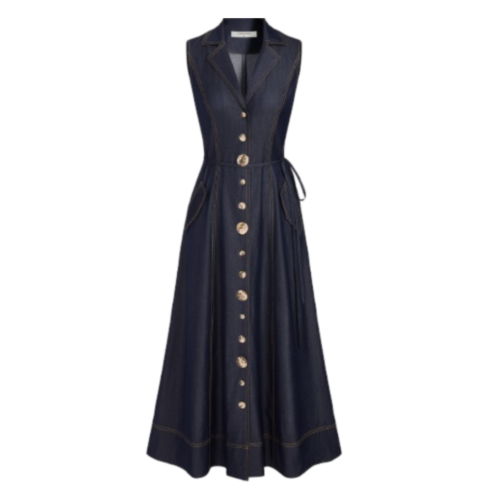 Dark denim sleeveless maxi dress with V-neck, gold buttons, contrast stitching, and tie belt.
