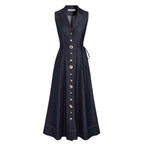 Dark denim sleeveless maxi dress with V-neck, gold buttons, contrast stitching, and tie belt.