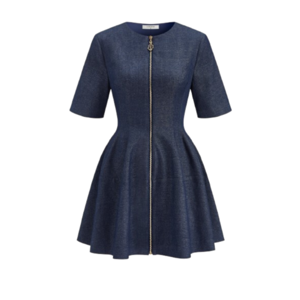 Dark blue denim zip-front mini dress with short sleeves, fitted waist, and flared skirt.