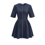 Dark blue denim zip-front mini dress with short sleeves, fitted waist, and flared skirt.