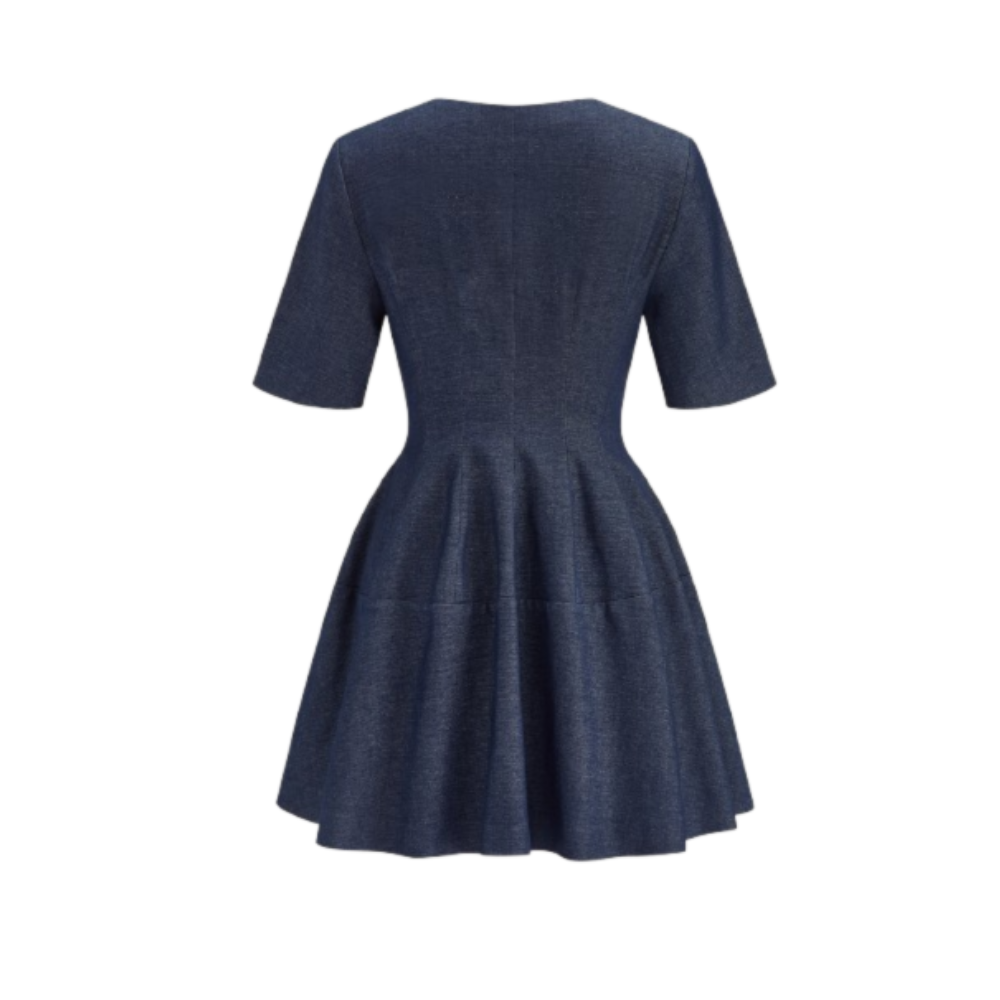 A denim zip-front dress with short sleeves, fitted waist, and flared knee-length skirt.