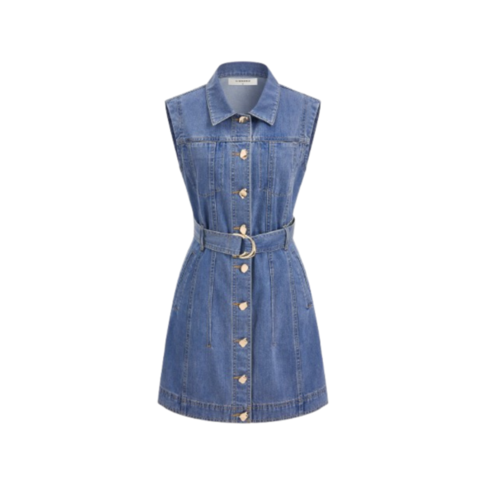 Sleeveless belted denim mini shirt dress with collar, button front, vertical seams, and waist belt.