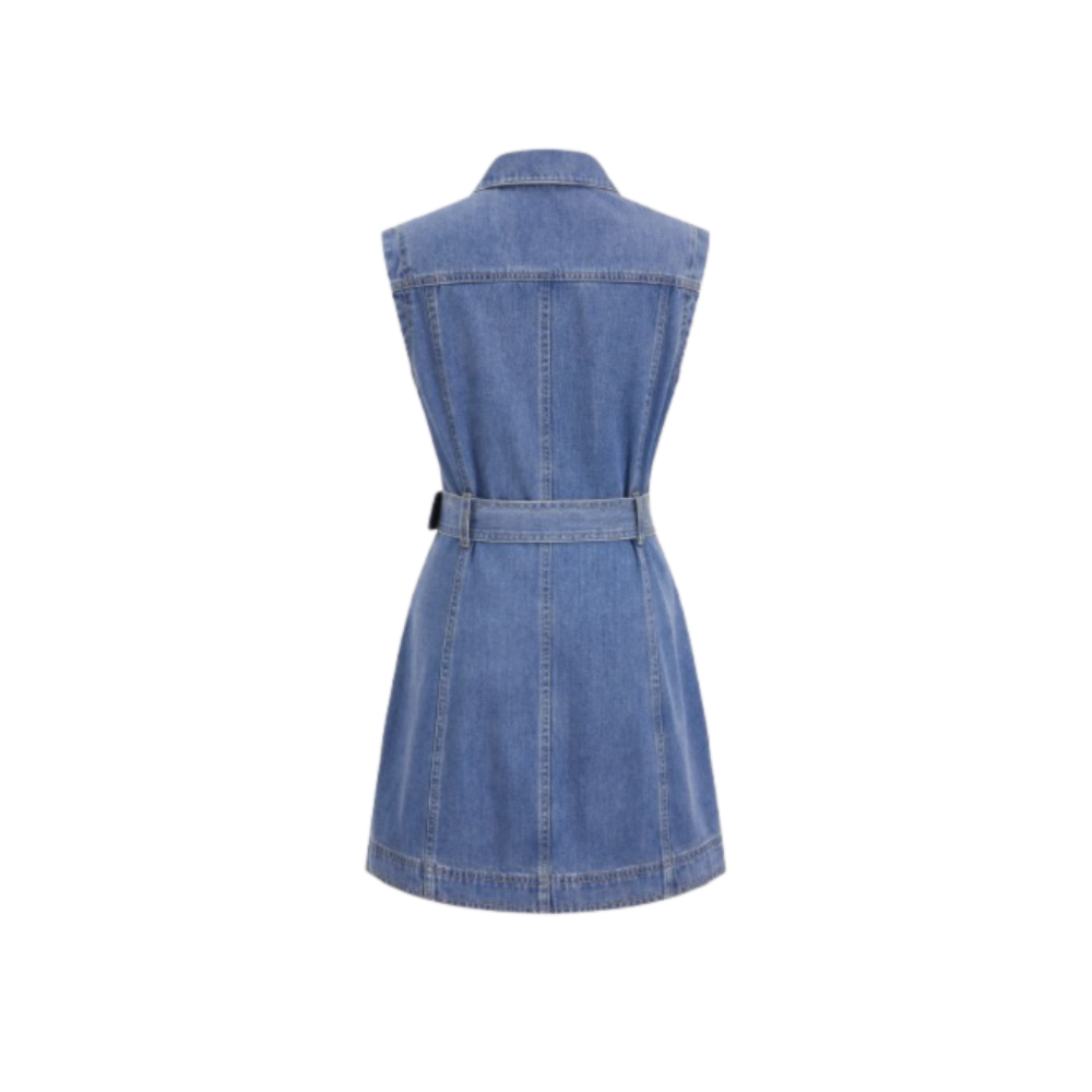 Sleeveless blue denim mini dress with pointed collar, visible stitching, and matching belted waist.