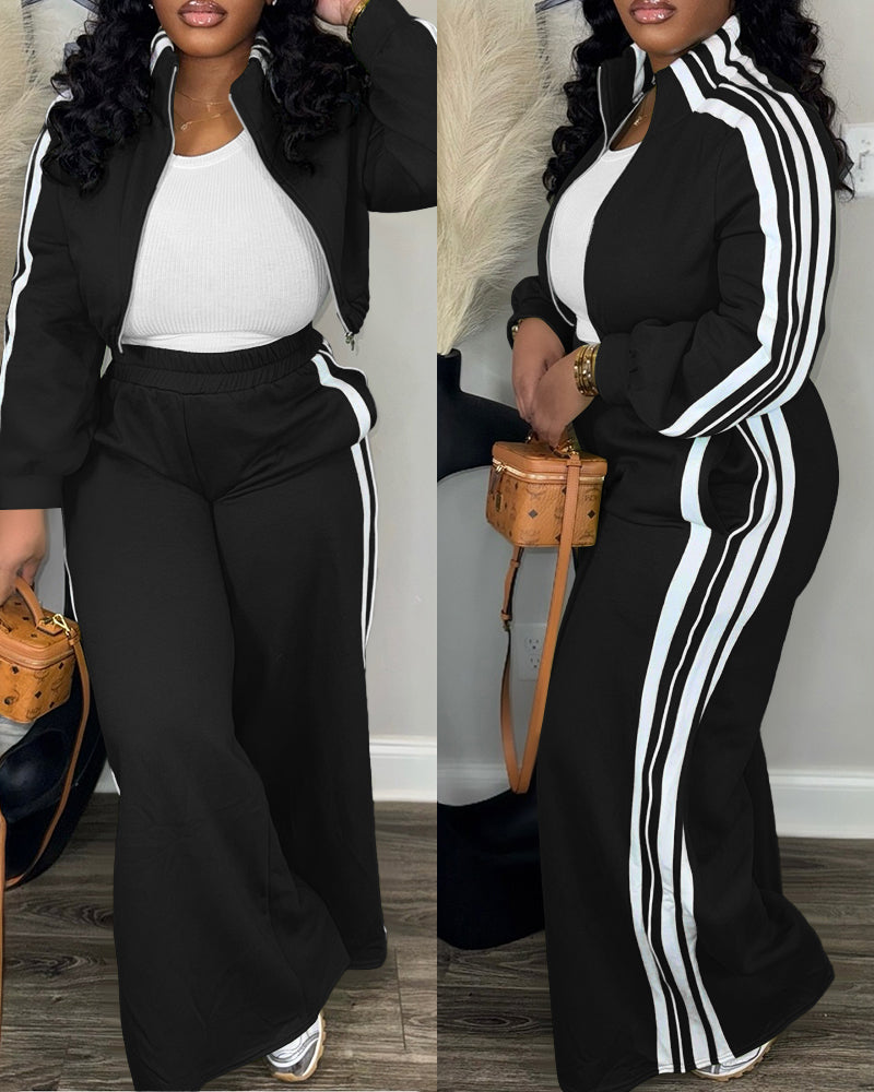 Zip Crop Jacket and Wide-Leg Pants 2-Piece Ensemble