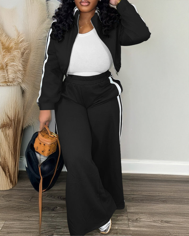 Zip Crop Jacket and Wide-Leg Pants 2-Piece Ensemble