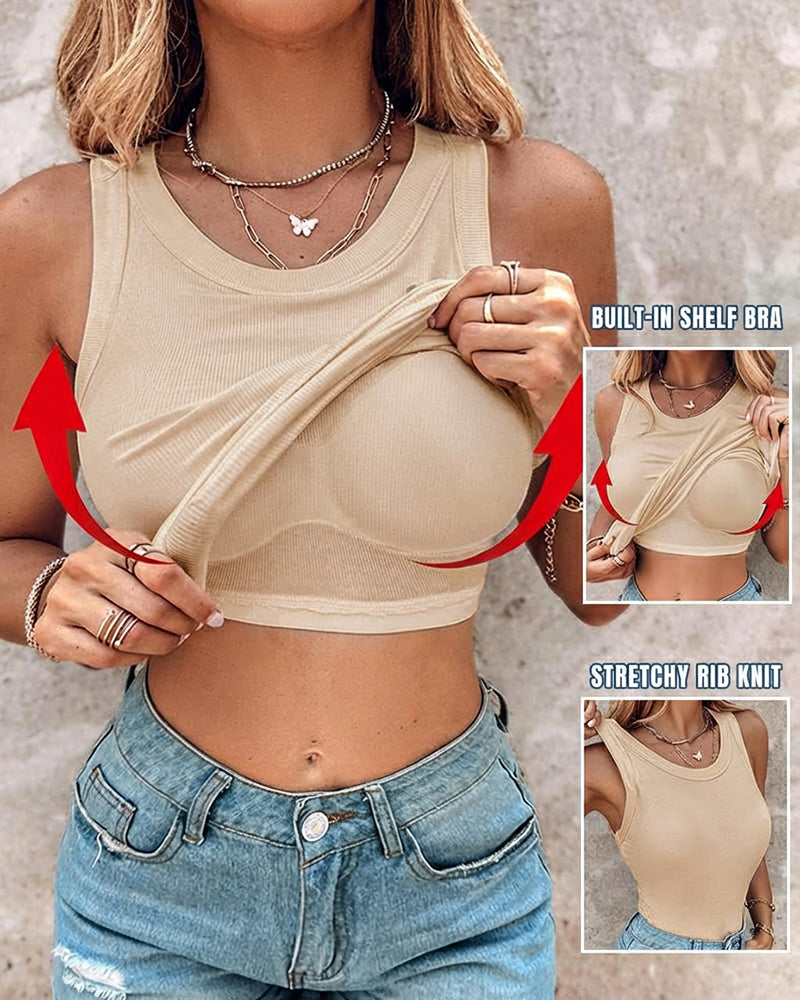 Ribbed Tank Top with Built-In Bra and Round Neck