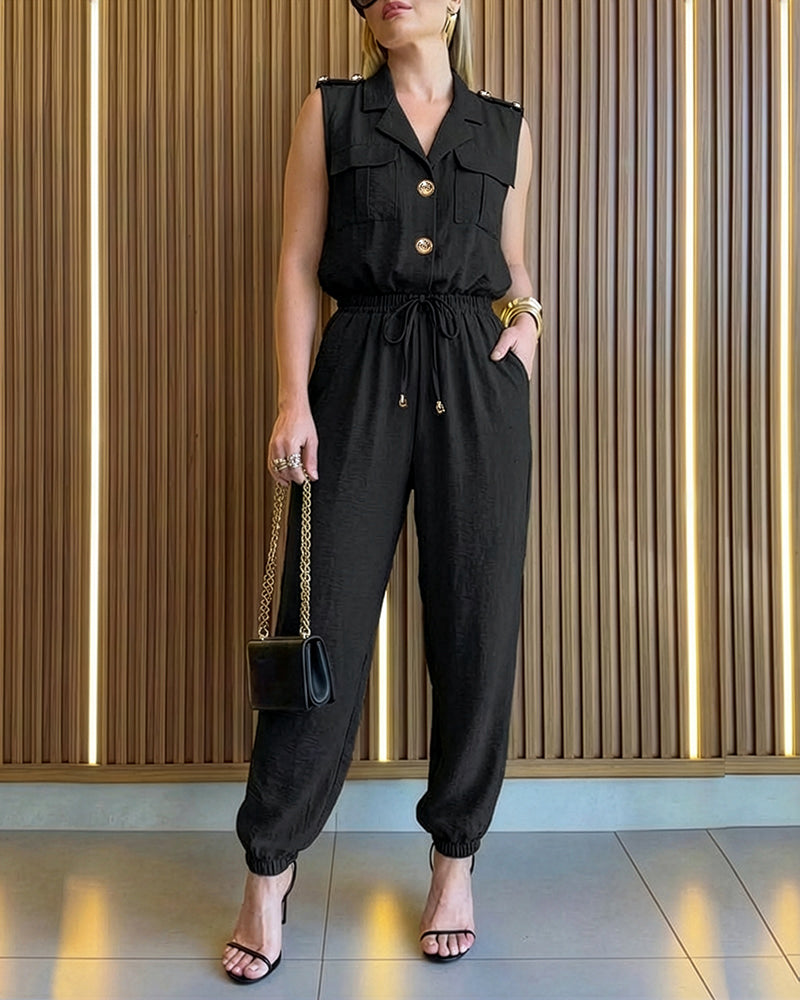 Sleeveless notched collar jumpsuit with drawstring waist and flap pockets in a tailored fit.