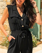 Sleeveless notched collar jumpsuit with drawstring waist and flap pockets by LA FINE FLEUR .